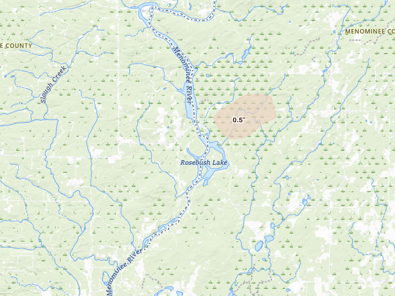 Radar-estimated hail-size map of the storm over Wausaukee, WI on Apr 13, 2026