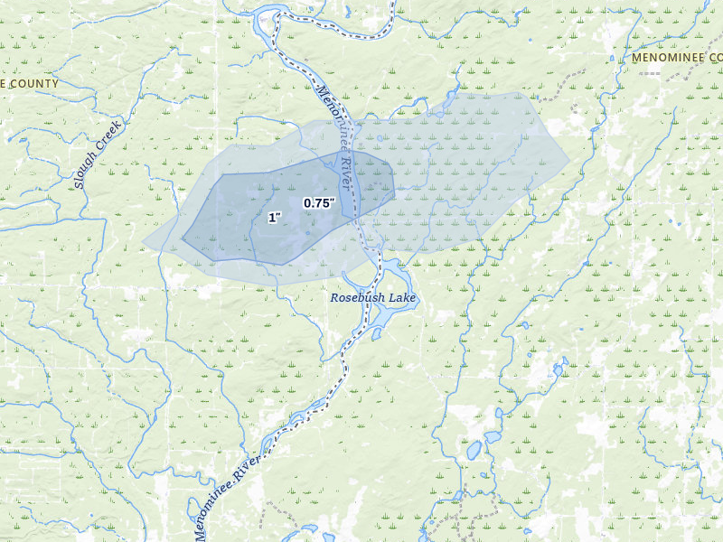 NEXRAD radar-signature map of the hail storm over Wausaukee, WI on Apr 13, 2026