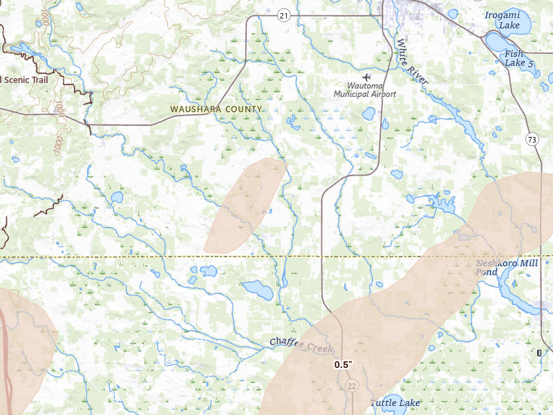 Radar-estimated hail-size map of the storm over Wautoma, WI on Jun 30, 2026