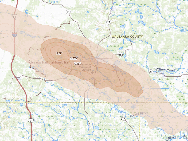 Radar-estimated hail-size map of the storm over Wautoma, WI on Aug 18, 2026