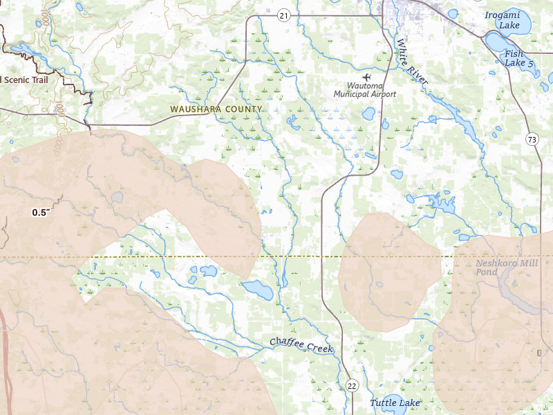 Radar-estimated hail-size map of the storm over Wautoma, WI on Sep 1, 2026