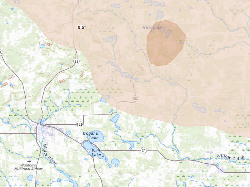 Radar-estimated hail-size map of the storm over Wautoma, WI on Sep 3, 2026