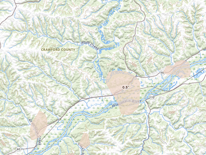 Radar-estimated hail-size map of the storm over Wauzeka, WI on May 15, 2026