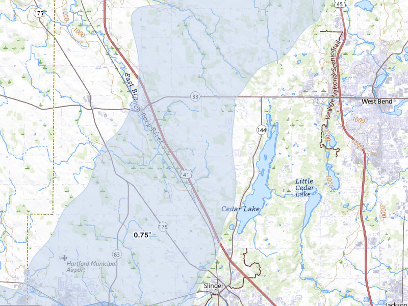 NEXRAD radar-signature map of the hail storm over West Bend, WI on Apr 17, 2026