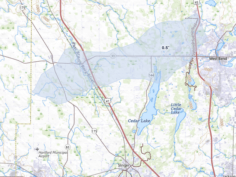 NEXRAD radar-signature map of the hail storm over West Bend, WI on May 16, 2026