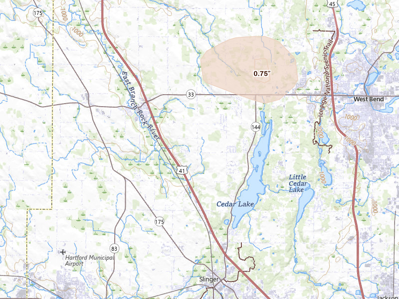 Radar-estimated hail-size map of the storm over West Bend, WI on Jun 16, 2026