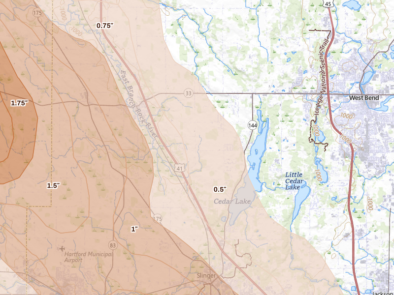 Radar-estimated hail-size map of the storm over West Bend, WI