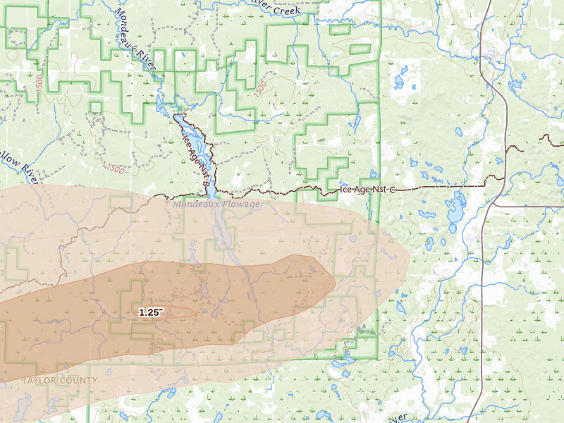 Radar-estimated hail-size map of the storm over Westboro, WI on Apr 13, 2026
