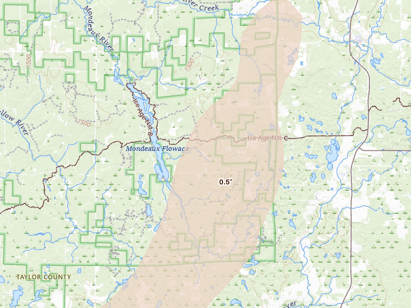 Radar-estimated hail-size map of the storm over Westboro, WI on Apr 17, 2026
