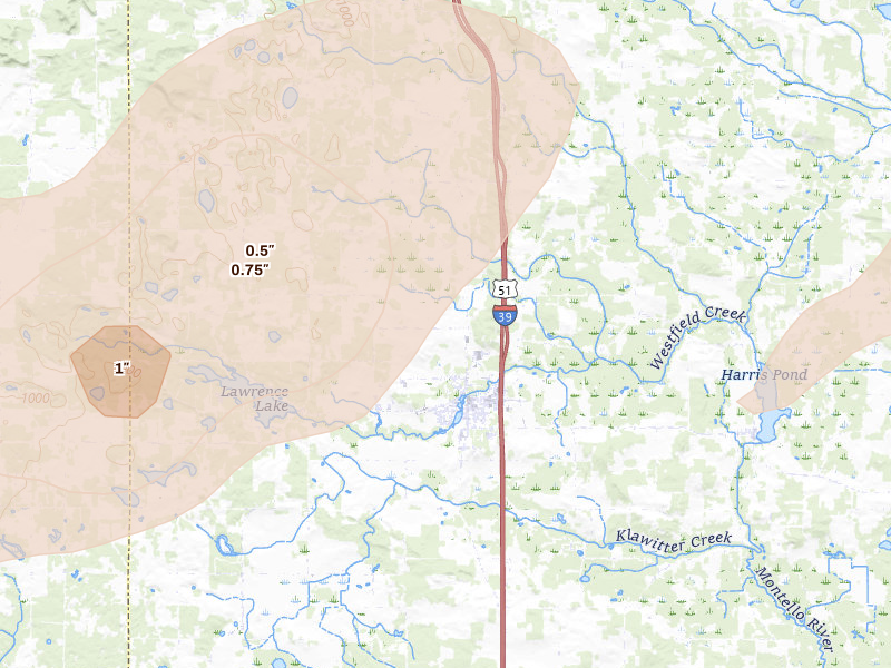 Radar-estimated hail-size map of the storm over Westfield, WI on Jun 30, 2026