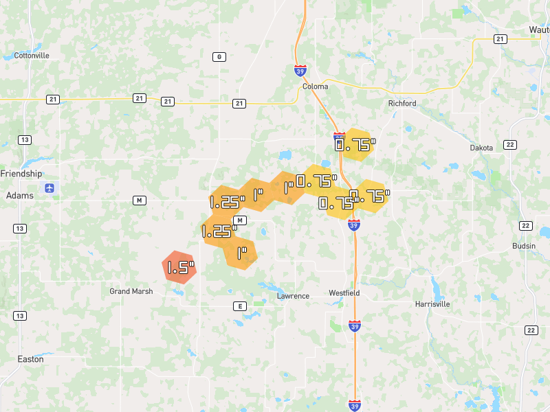 Hail map of Westfield, WI on Jul 1, 2026, hail up to 1.5"