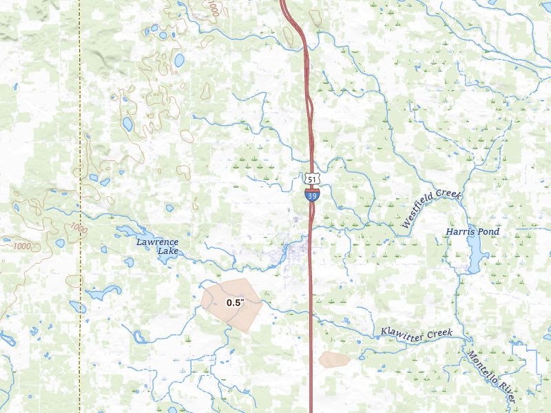 Radar-estimated hail-size map of the storm over Westfield, WI on Aug 11, 2026