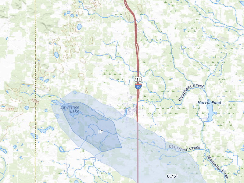 NEXRAD radar-signature map of the hail storm over Westfield, WI on Aug 11, 2026