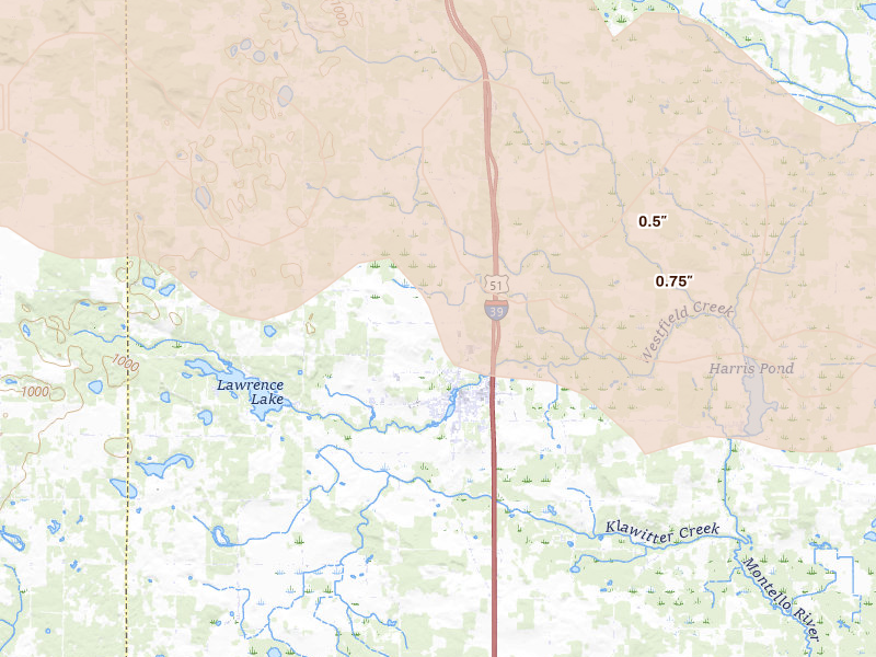 Radar-estimated hail-size map of the storm over Westfield, WI on Sep 1, 2026