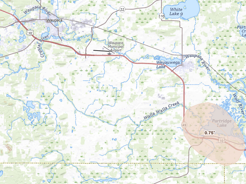 Radar-estimated hail-size map of the storm over Weyauwega, WI on Jun 16, 2026