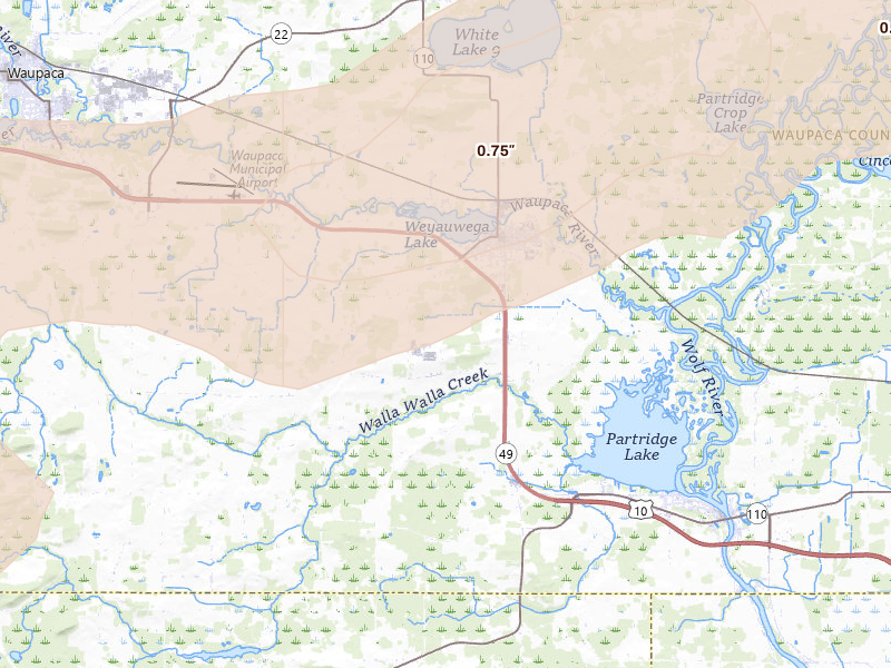 Radar-estimated hail-size map of the storm over Weyauwega, WI on Jun 30, 2026