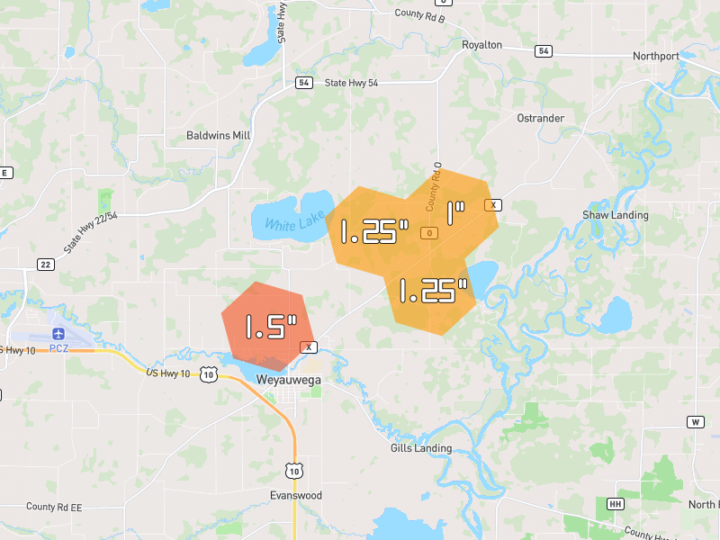 Hail map of Weyauwega, WI on Jun 30, 2026, hail up to 1.5"