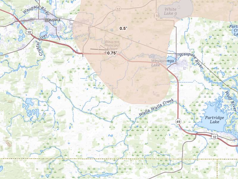 Radar-estimated hail-size map of the storm over Weyauwega, WI on Aug 21, 2026