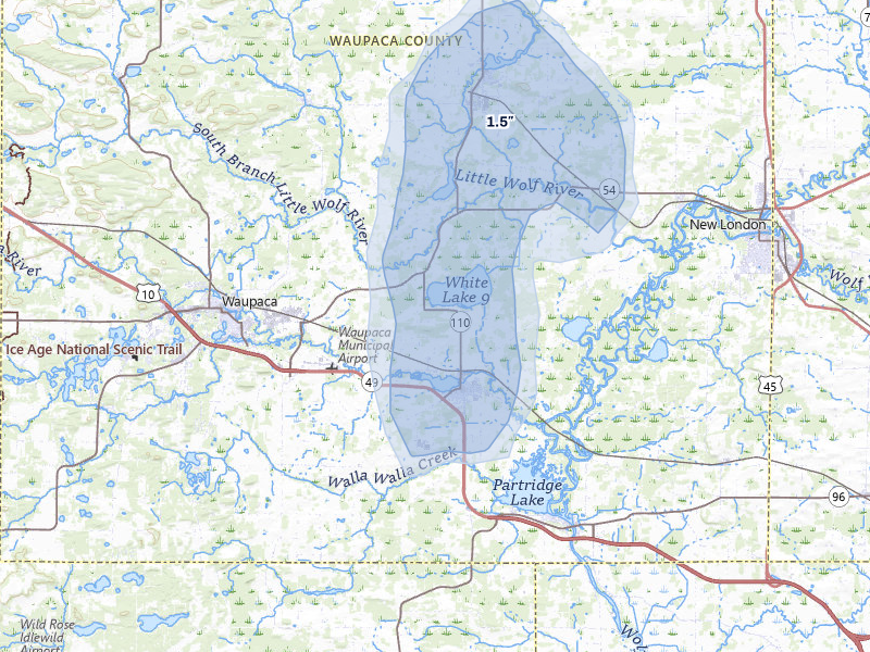 NEXRAD radar-signature map of the hail storm over Weyauwega, WI on Aug 21, 2026