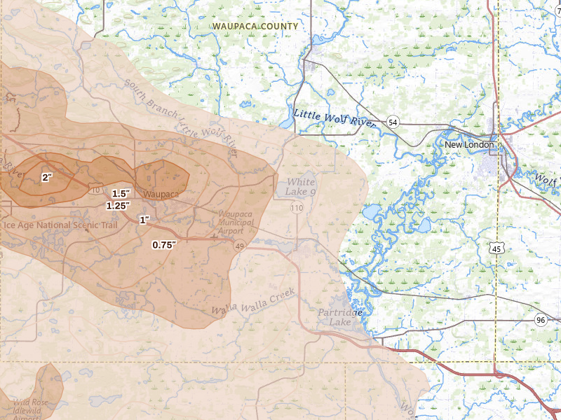 Radar-estimated hail-size map of the storm over Weyauwega, WI on Sep 3, 2026