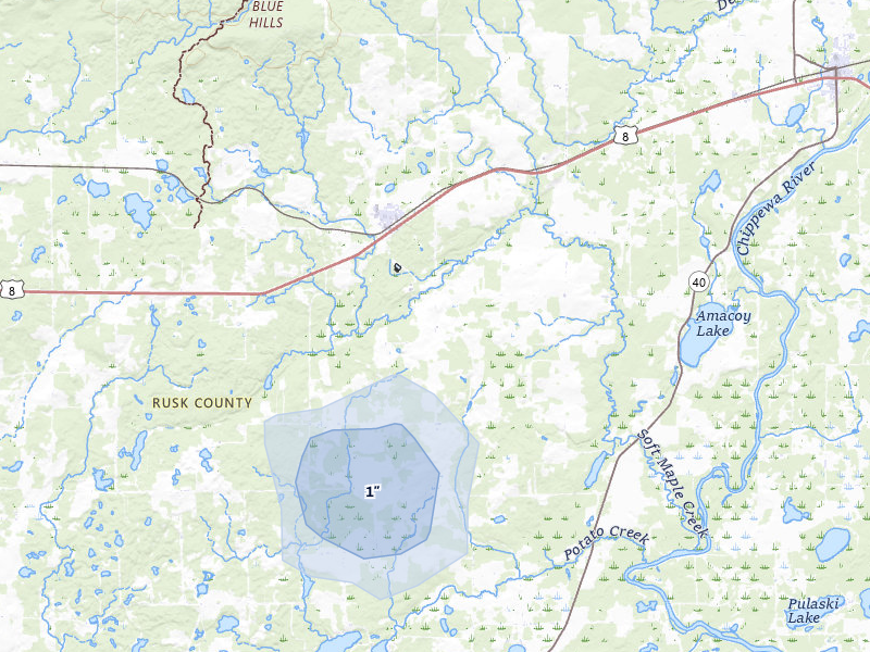 NEXRAD radar-signature map of the hail storm over Weyerhaeuser, WI on Jul 7, 2026