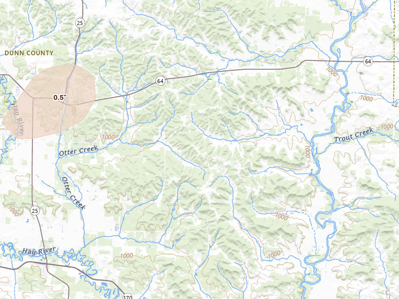 Radar-estimated hail-size map of the storm over Wheeler, WI on Apr 13, 2026
