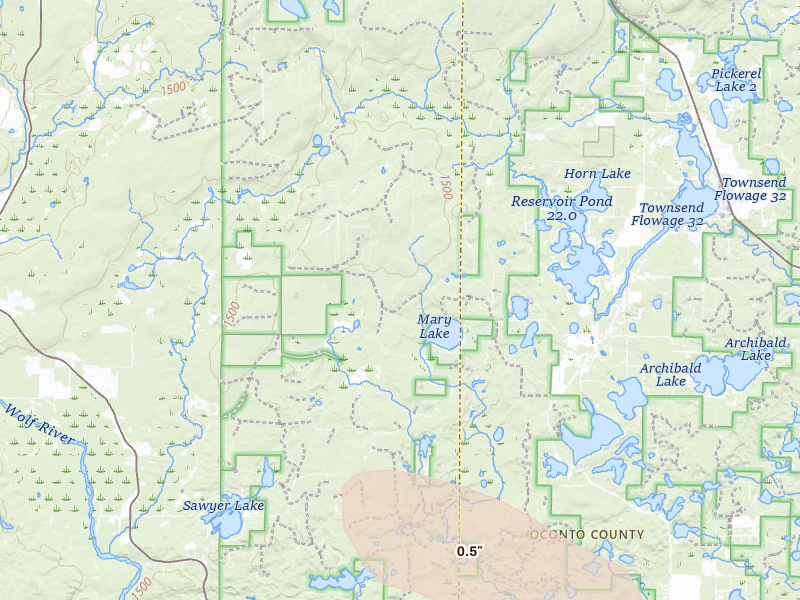 Radar-estimated hail-size map of the storm over White Lake, WI on Jun 24, 2026