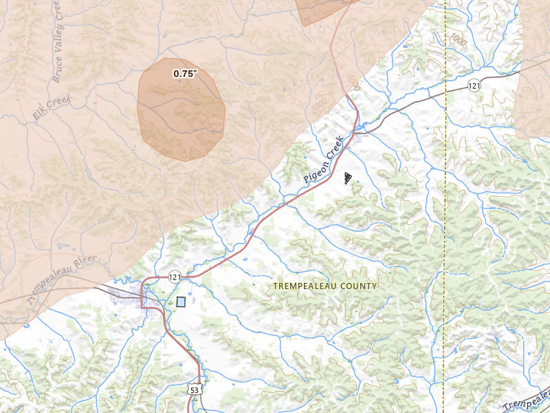 Radar-estimated hail-size map of the storm over Whitehall, WI on Jun 9, 2026