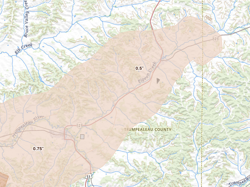 Radar-estimated hail-size map of the storm over Whitehall, WI on Jun 30, 2026