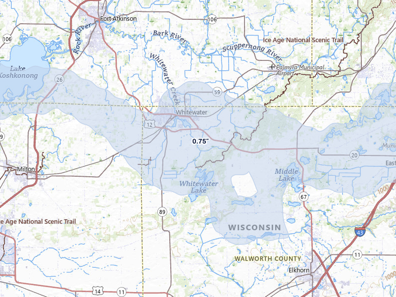NEXRAD radar-signature map of the hail storm over Whitewater, WI on Mar 30, 2026