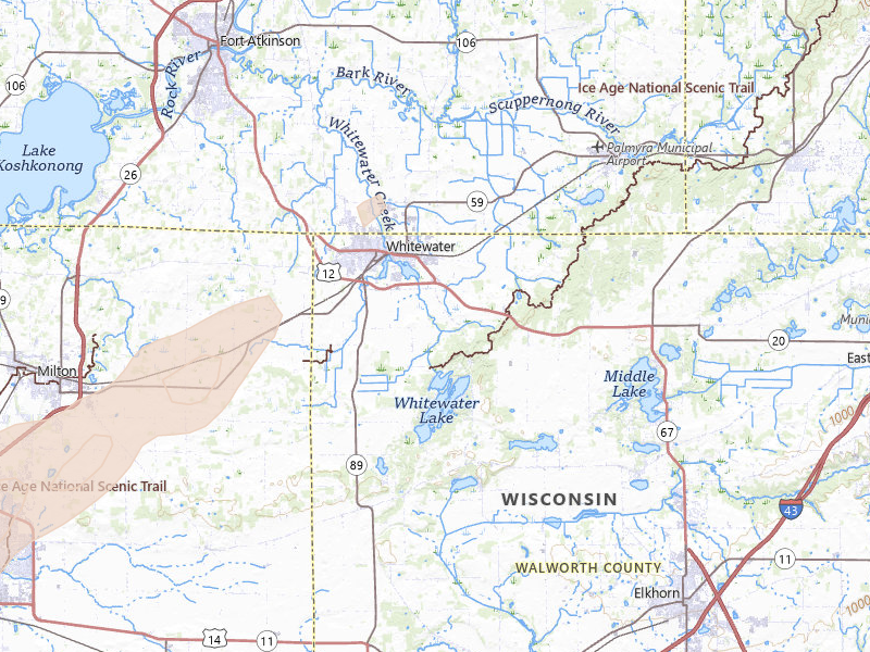 Radar-estimated hail-size map of the storm over Whitewater, WI on Apr 2, 2026
