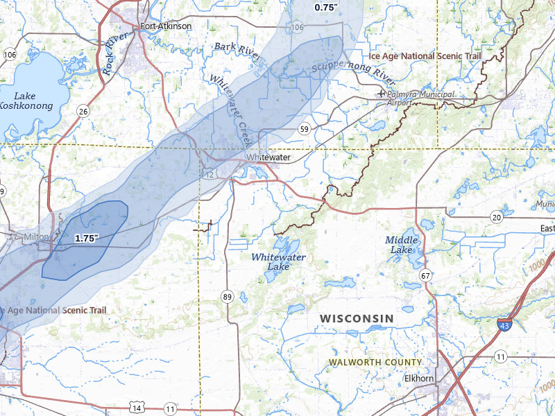 NEXRAD radar-signature map of the hail storm over Whitewater, WI on Apr 2, 2026