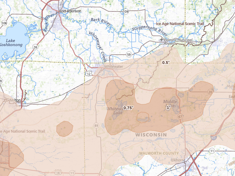 Radar-estimated hail-size map of the storm over Whitewater, WI on Apr 17, 2026