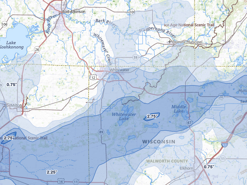 NEXRAD radar-signature map of the hail storm over Whitewater, WI on Apr 17, 2026