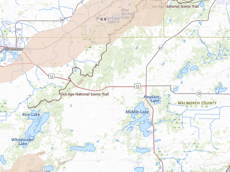Radar-estimated hail-size map of the storm over Whitewater, WI on Aug 9, 2026