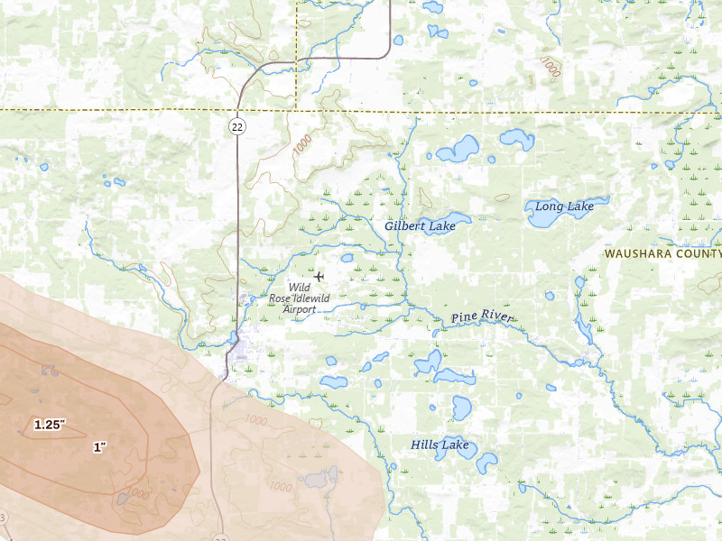 Radar-estimated hail-size map of the storm over Wild Rose, WI on Jun 24, 2026