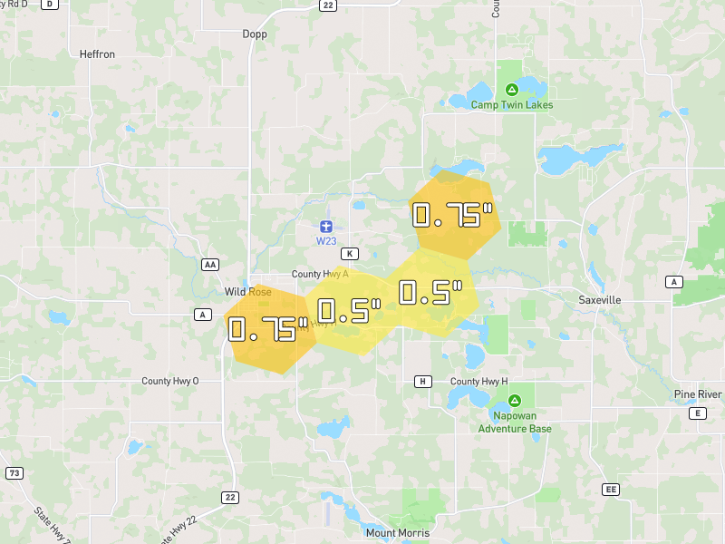 Hail map of Wild Rose, WI on Jul 1, 2026, hail up to 0.75"
