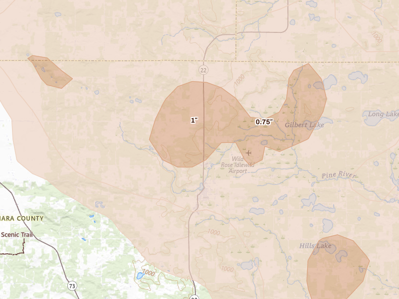 Radar-estimated hail-size map of the storm over Wild Rose, WI on Sep 3, 2026