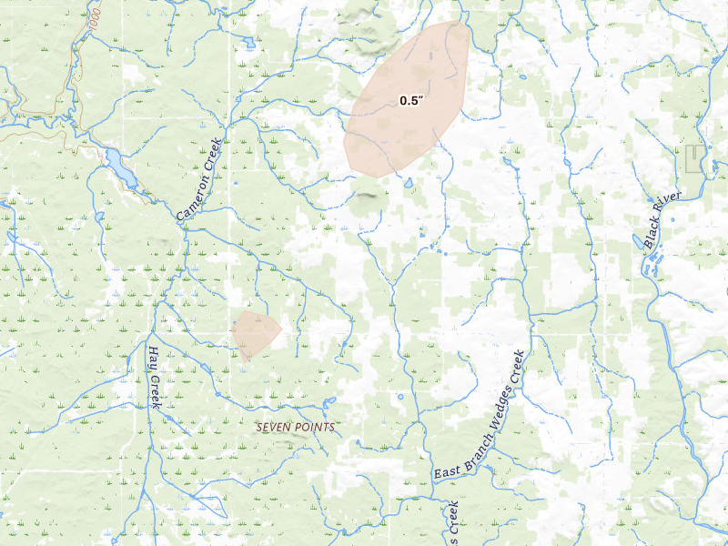 Radar-estimated hail-size map of the storm over Willard, WI on Apr 17, 2026