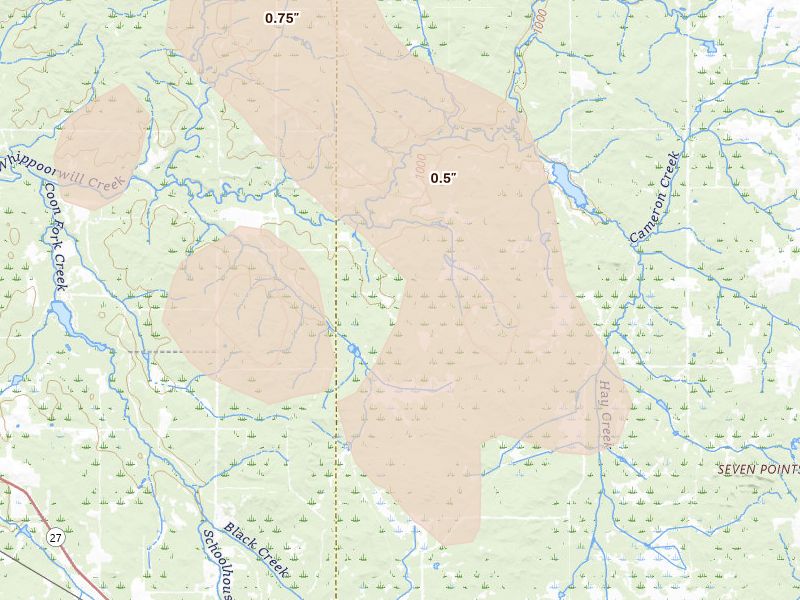 Radar-estimated hail-size map of the storm over Willard, WI on Aug 11, 2026
