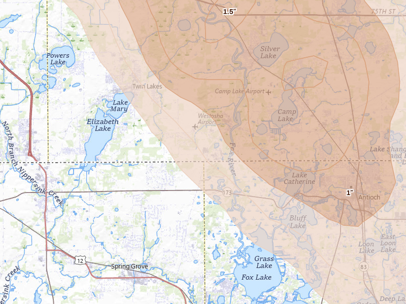 Radar-estimated hail-size map of the storm over Wilmot, WI on Jul 27, 2026