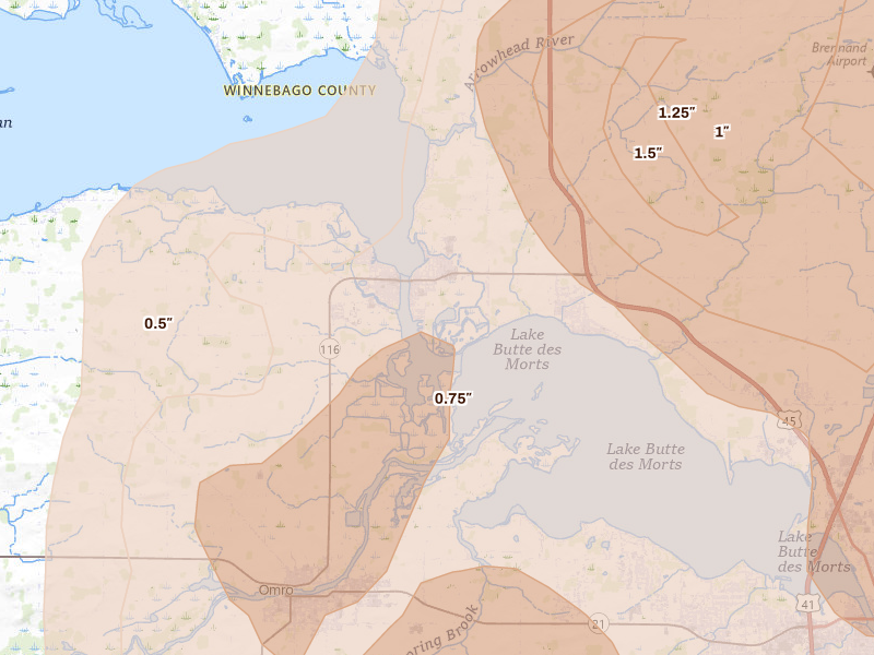 Radar-estimated hail-size map of the storm over Winneconne, WI on Jul 27, 2026