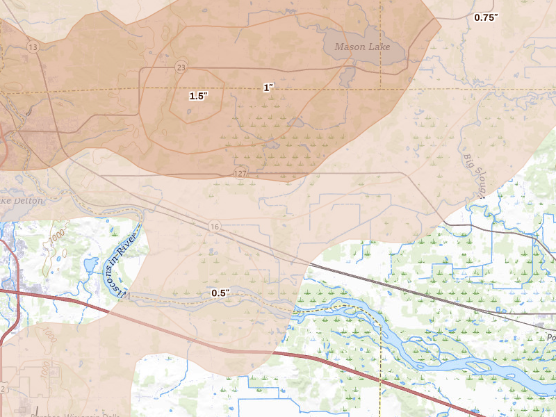 Radar-estimated hail-size map of the storm over Wisconsin Dells, WI