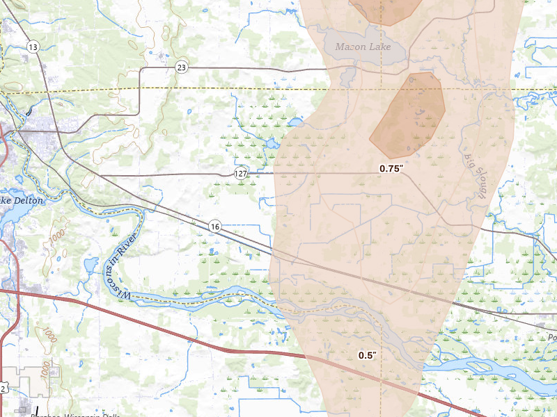 Radar-estimated hail-size map of the storm over Wisconsin Dells, WI on May 27, 2026