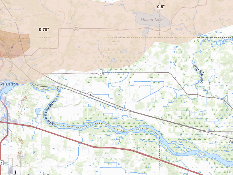 Radar-estimated hail-size map of the storm over Wisconsin Dells, WI on Jul 1, 2026