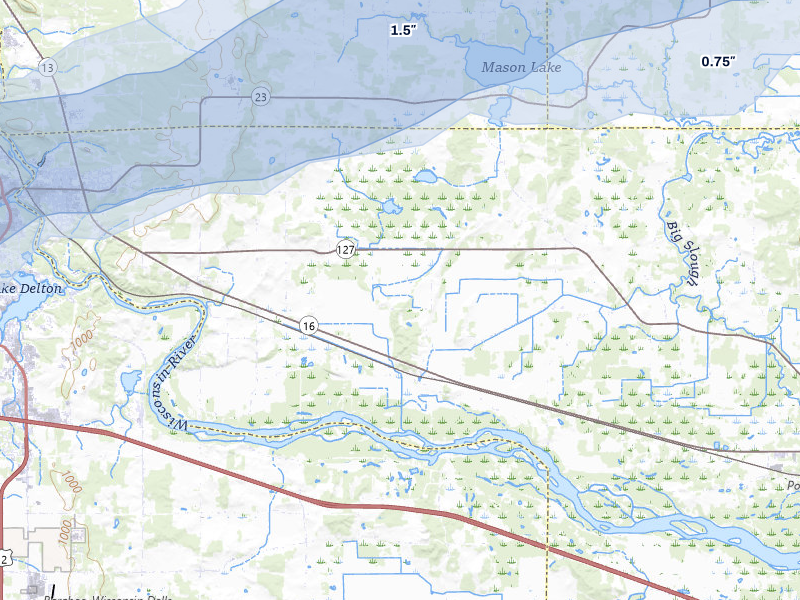NEXRAD radar-signature map of the hail storm over Wisconsin Dells, WI on Jul 1, 2026