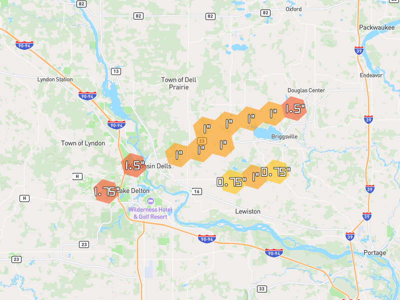 Hail map of Wisconsin Dells, WI on Jul 1, 2026, hail up to 1.75"