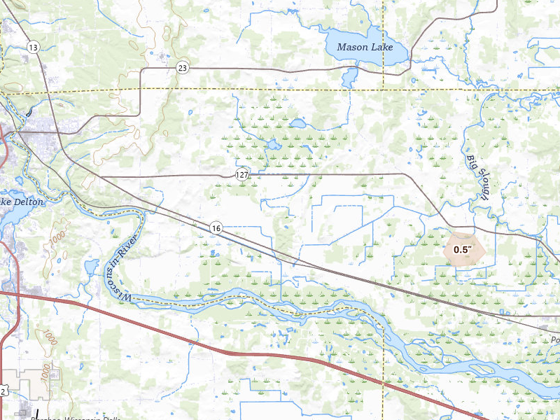 Radar-estimated hail-size map of the storm over Wisconsin Dells, WI on Jul 8, 2026