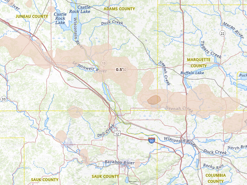 Radar-estimated hail-size map of the storm over Wisconsin Dells, WI on Aug 9, 2026
