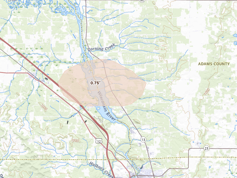 Radar-estimated hail-size map of the storm over Wisconsin Dells, WI on Aug 18, 2026